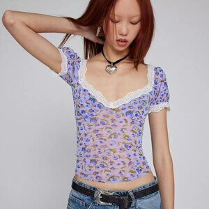 NWT UO Kimchi Blue Blake Puff Sleeve Blue Floral Mesh Top